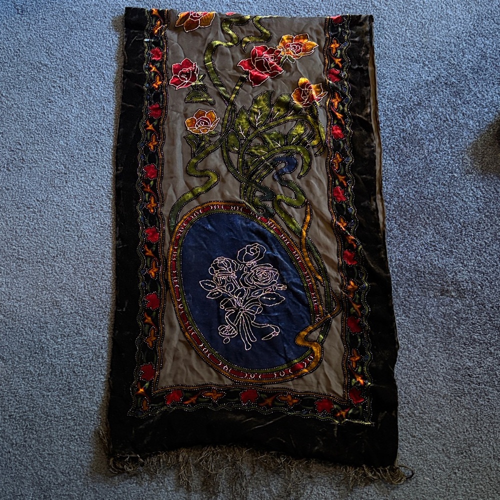 Embroidered Floral Scarf Shawl with Black and Red Accents